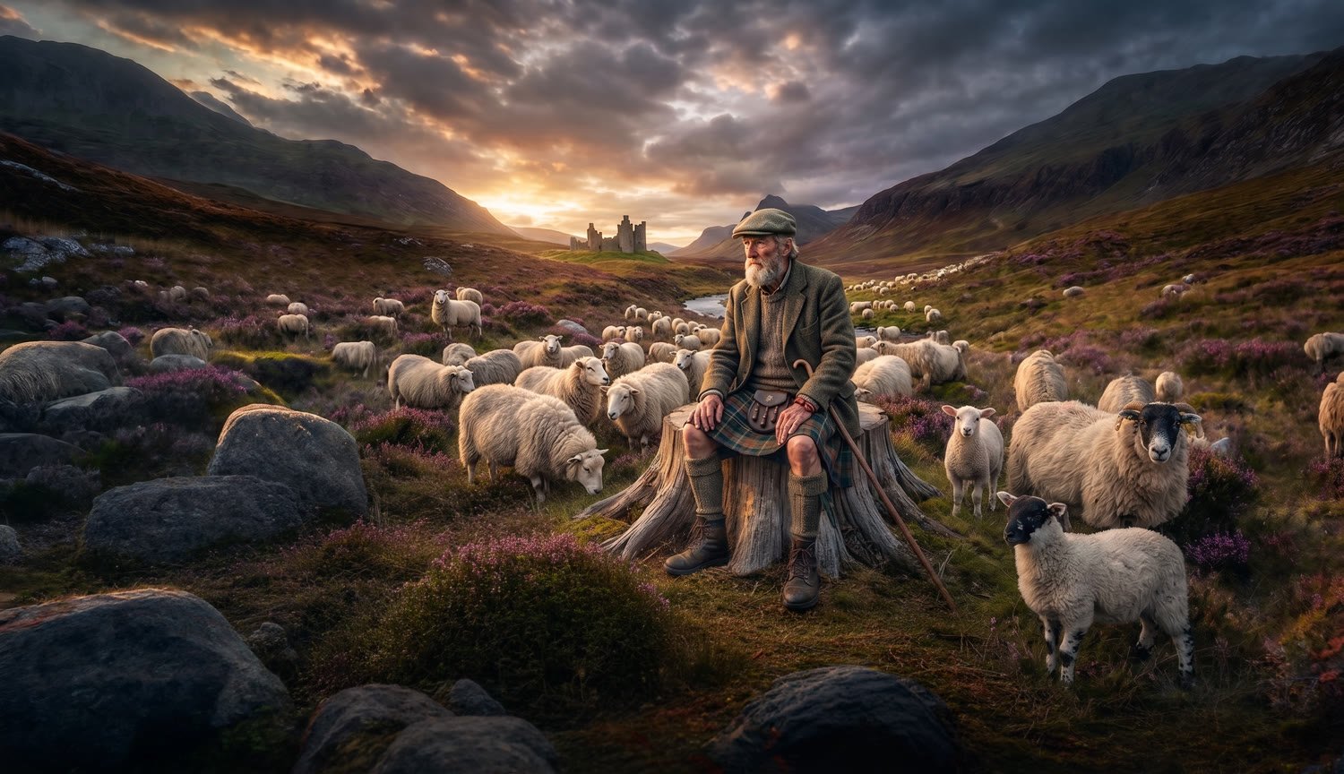 Der Ciobair — ein Schäfer mit seiner Herde in den Highlands